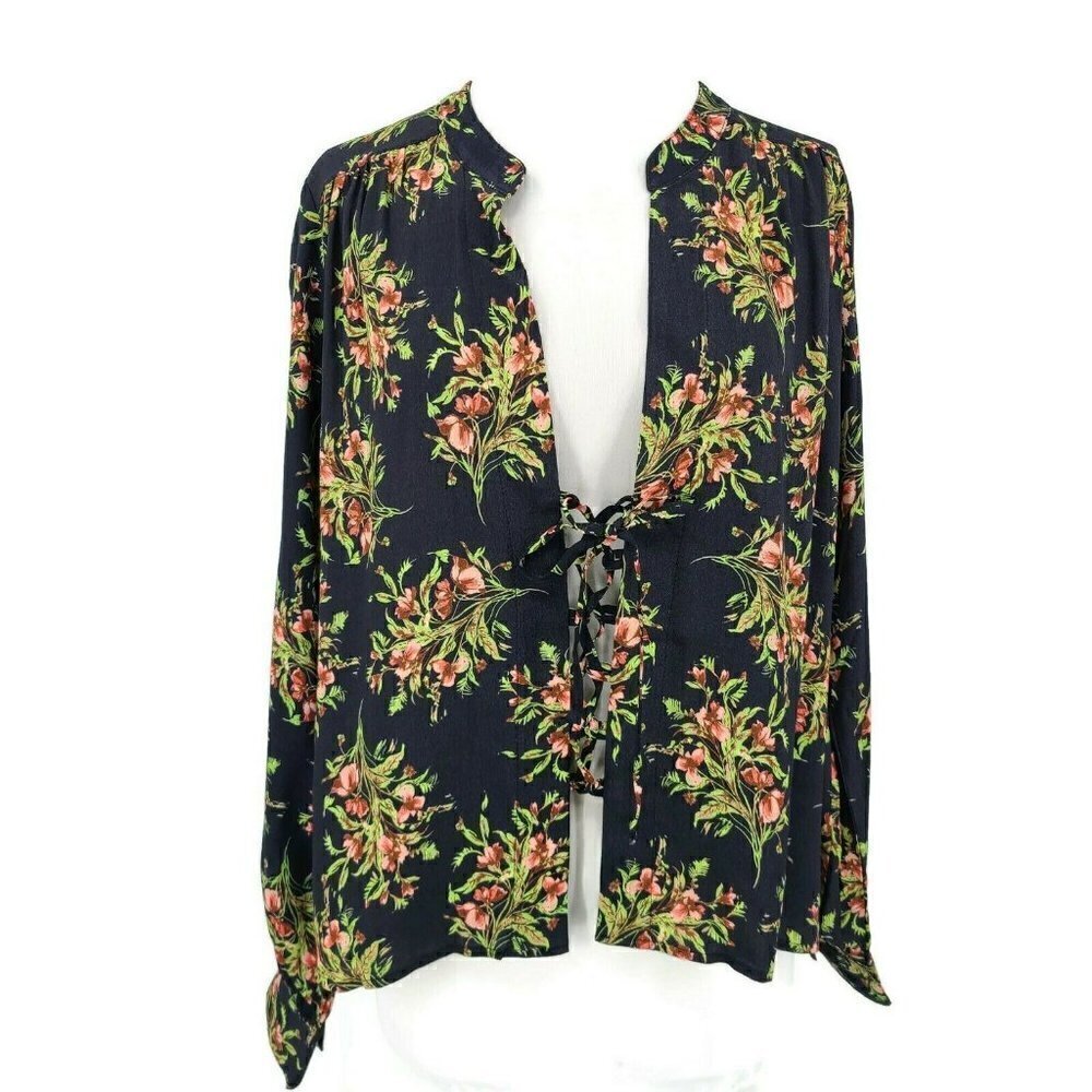 New Flynn Skye Get Away Blouse Womens M Blue Floral Lace Front Top Long Sleeve